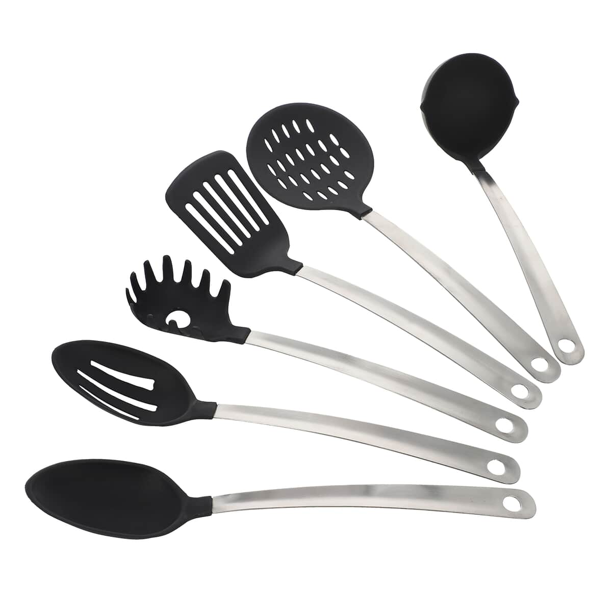 Set of 6 Stainless Steel with Nylon on The Top Laddle, Spaghetti Spoon, Slotted Turner, Slotted Spoon, Basting Spoon, Skimmer image number 0