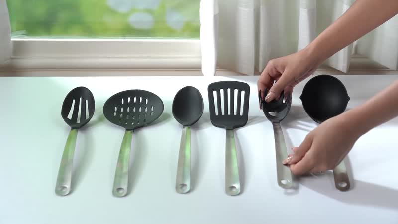 Set of 6 Stainless Steel with Nylon on The Top Laddle, Spegatti Spoon, Slotted Turner, Slotted Spoon, Basting Spoon, Skimmer