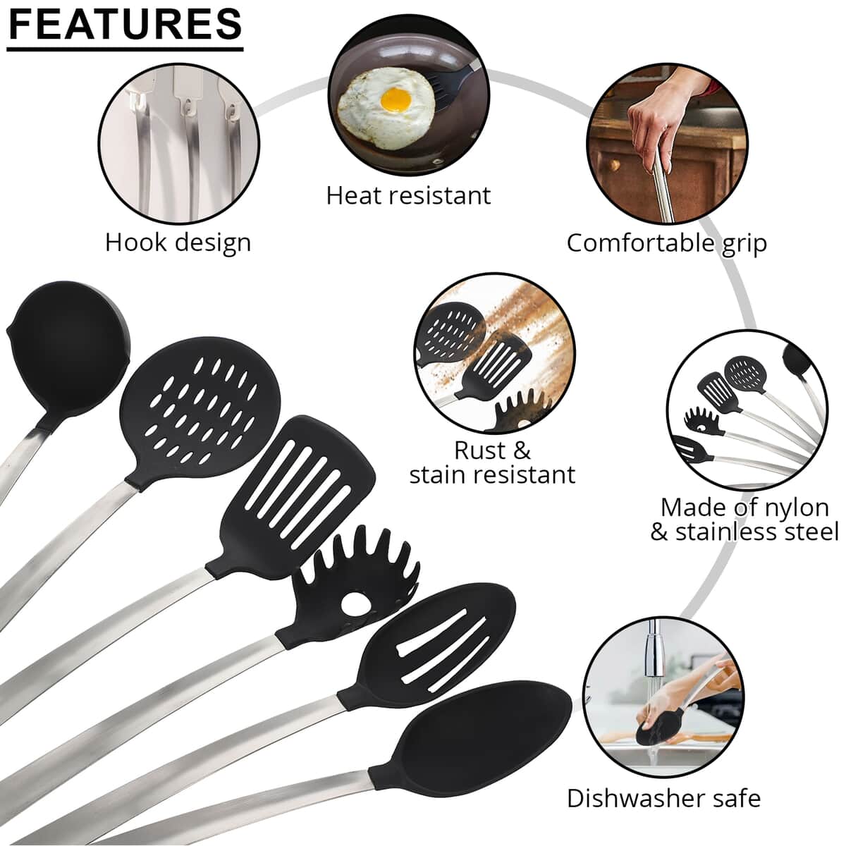 Set of 6 Stainless Steel with Nylon on The Top Laddle, Spaghetti Spoon, Slotted Turner, Slotted Spoon, Basting Spoon, Skimmer image number 2