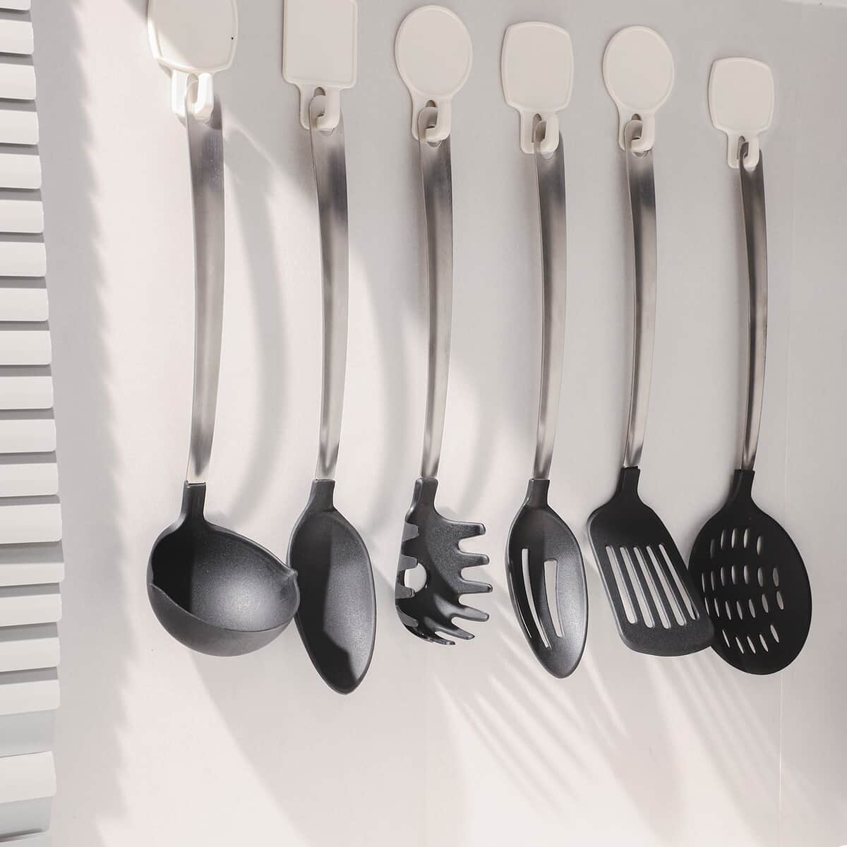 Set of 6 Stainless Steel with Nylon on The Top Laddle, Spaghetti Spoon, Slotted Turner, Slotted Spoon, Basting Spoon, Skimmer image number 5