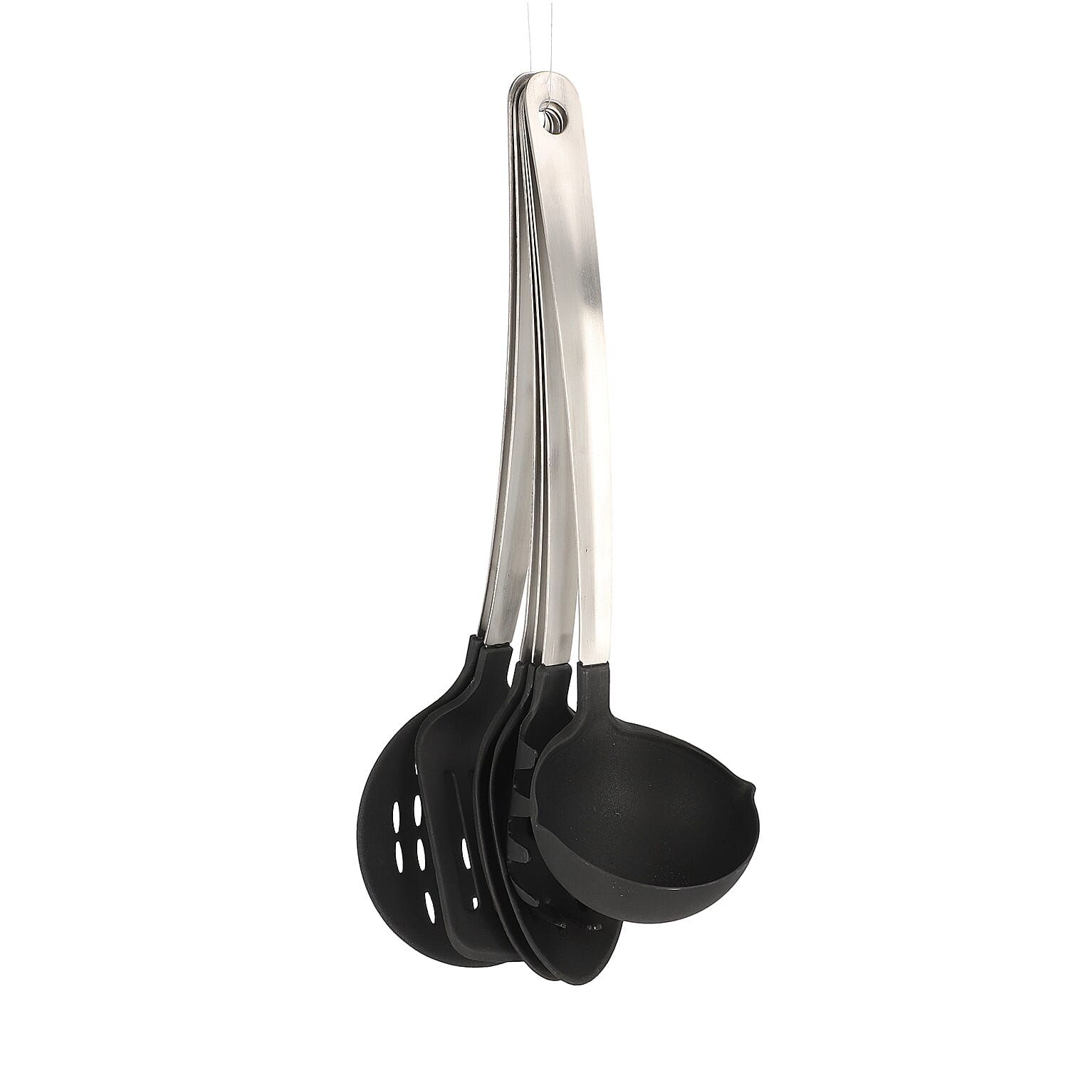 Set of 6 Stainless Steel with Nylon on The Top Laddle, Spaghetti Spoon, Slotted Turner, Slotted Spoon, Basting Spoon, Skimmer