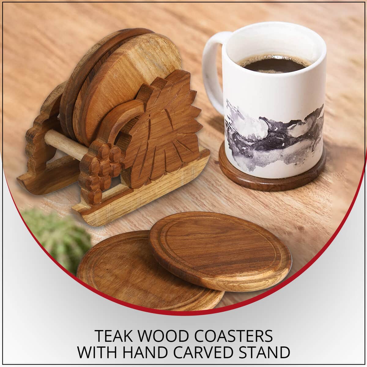 Set of 4 Handcrafted Teak Wood Coasters (3") with Hand Carved Stand (5"x5") image number 1