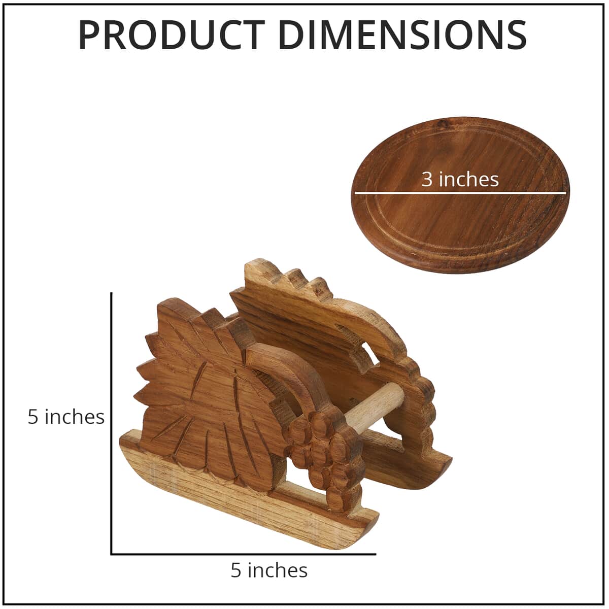 Set of 4 Handcrafted Teak Wood Coasters (3") with Hand Carved Stand (5"x5") image number 3