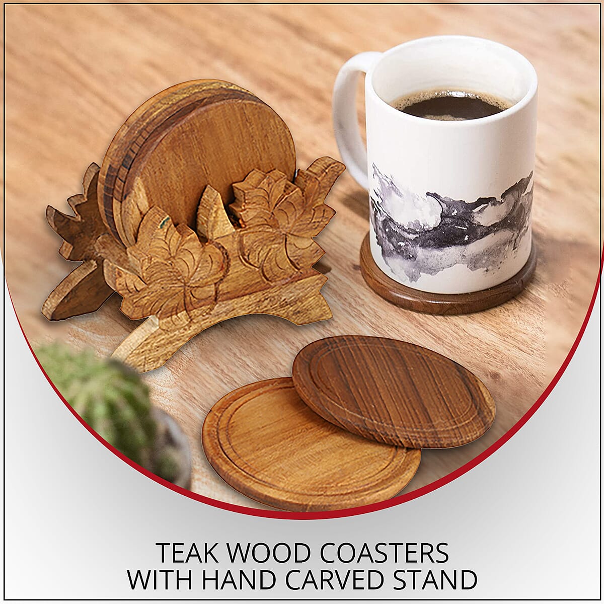Set of 4 Handcrafted Teak Wooden Coasters  with Hand Carved Stand image number 1