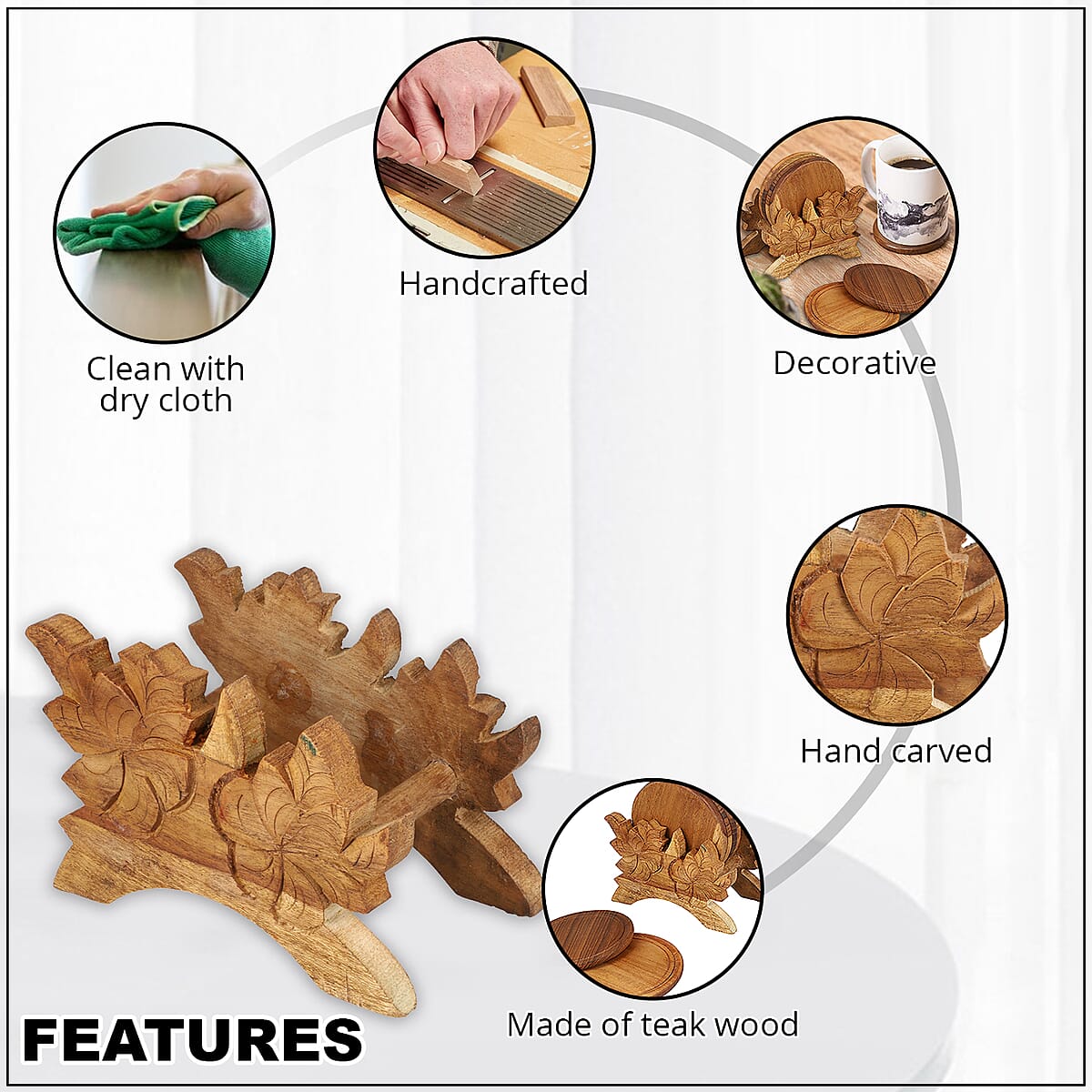 Set of 4 Handcrafted Teak Wooden Coasters  with Hand Carved Stand image number 2