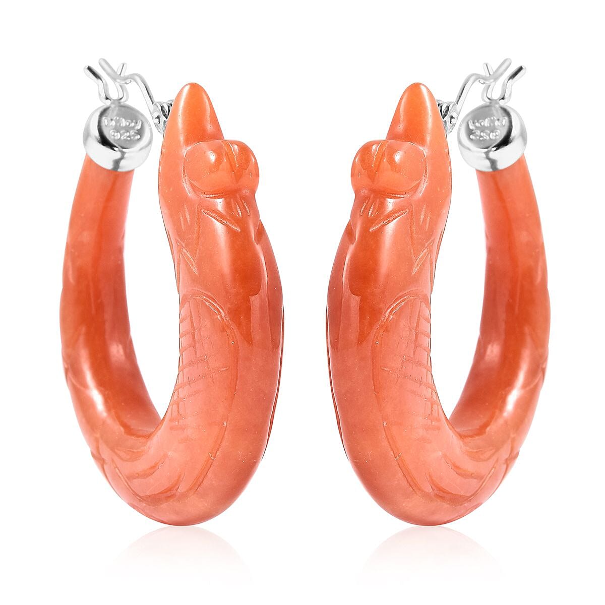 Red Jade (D) Carved Phoenix Hoop Earrings in Rhodium Over Sterling Silver 85.50 ctw