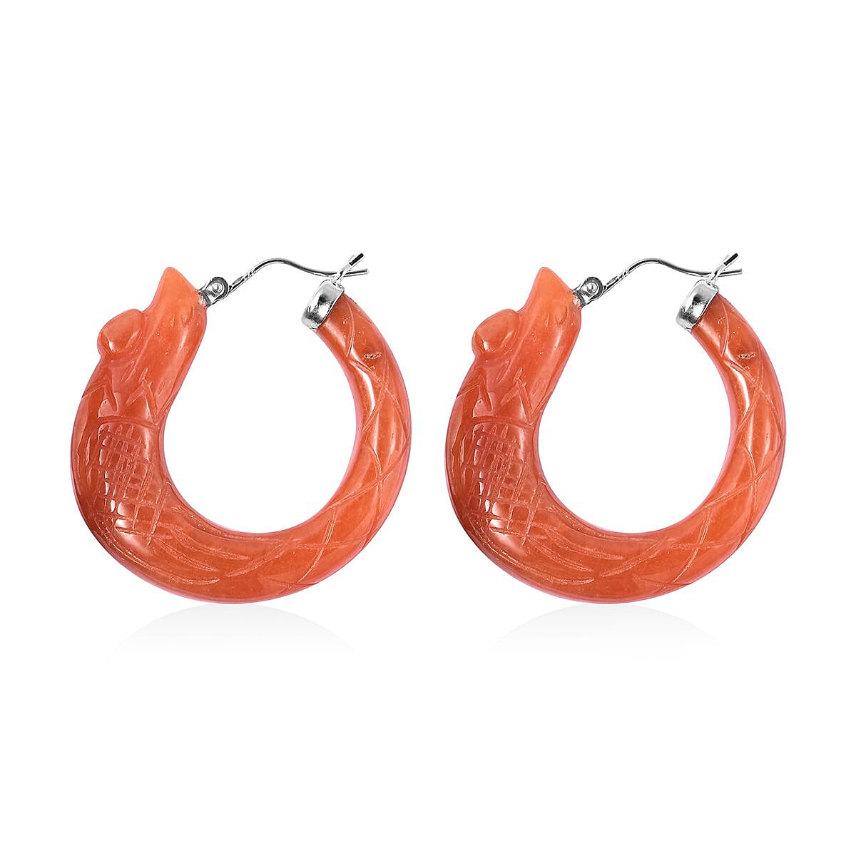 Red Jade (D) Carved Phoenix Hoop Earrings in Rhodium Over Sterling Silver 85.50 ctw
