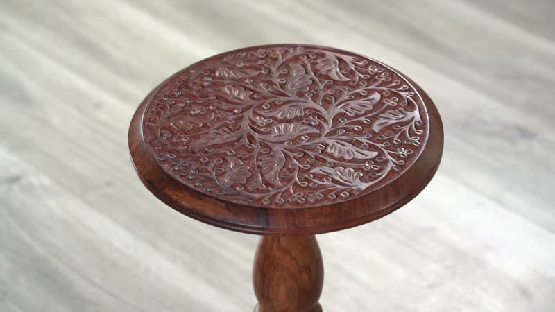 NAKKASHI Set of 2 Dark Red & Brown Wooden Handcarved Bedside Pillar Table (12x12x18)
