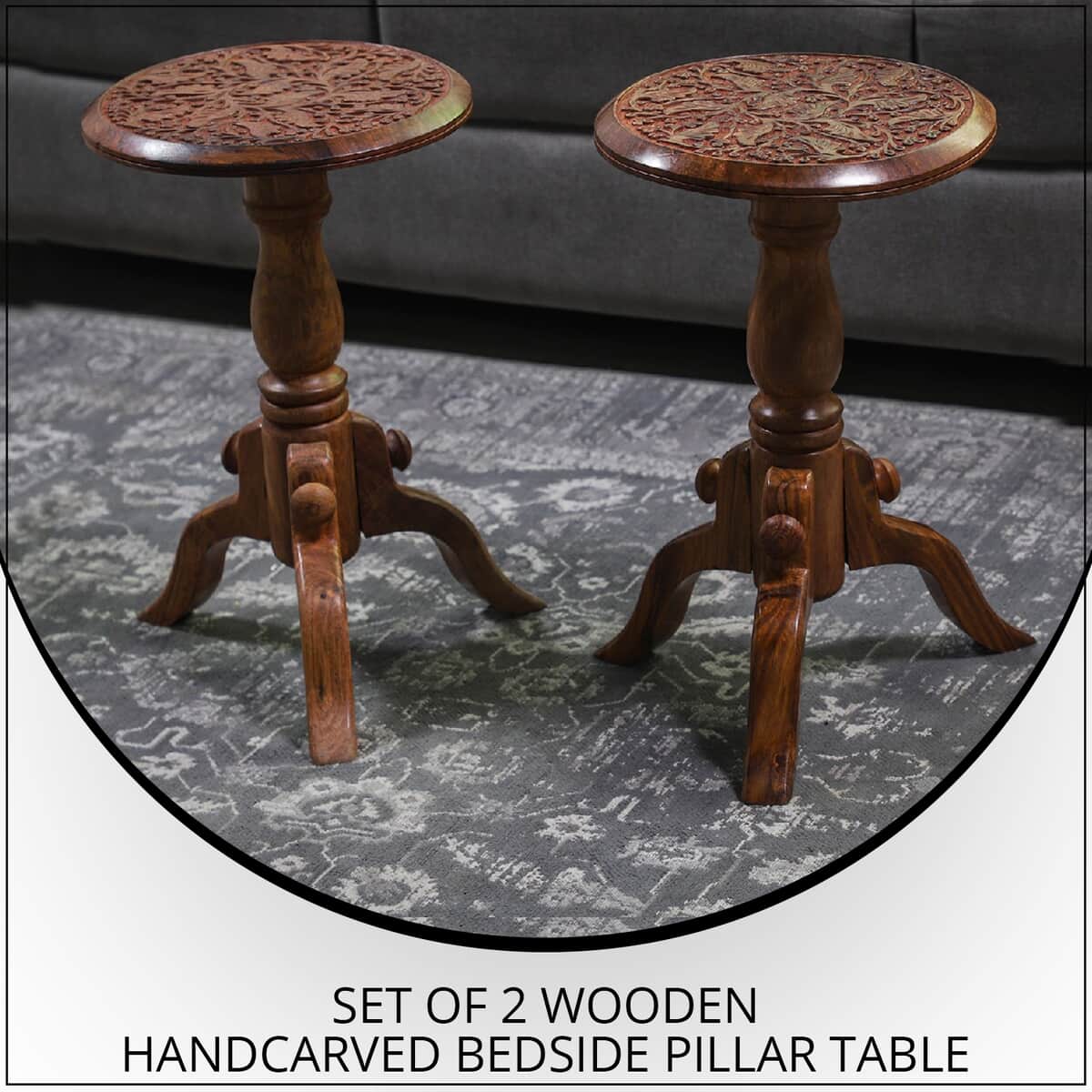 Nakkashi Set of 2 Dark Red & Brown Wooden Handcarved Bedside Pillar Table, Wooden Table, Side Table, Coffee Table, Bedside Table, Living Room Table image number 1