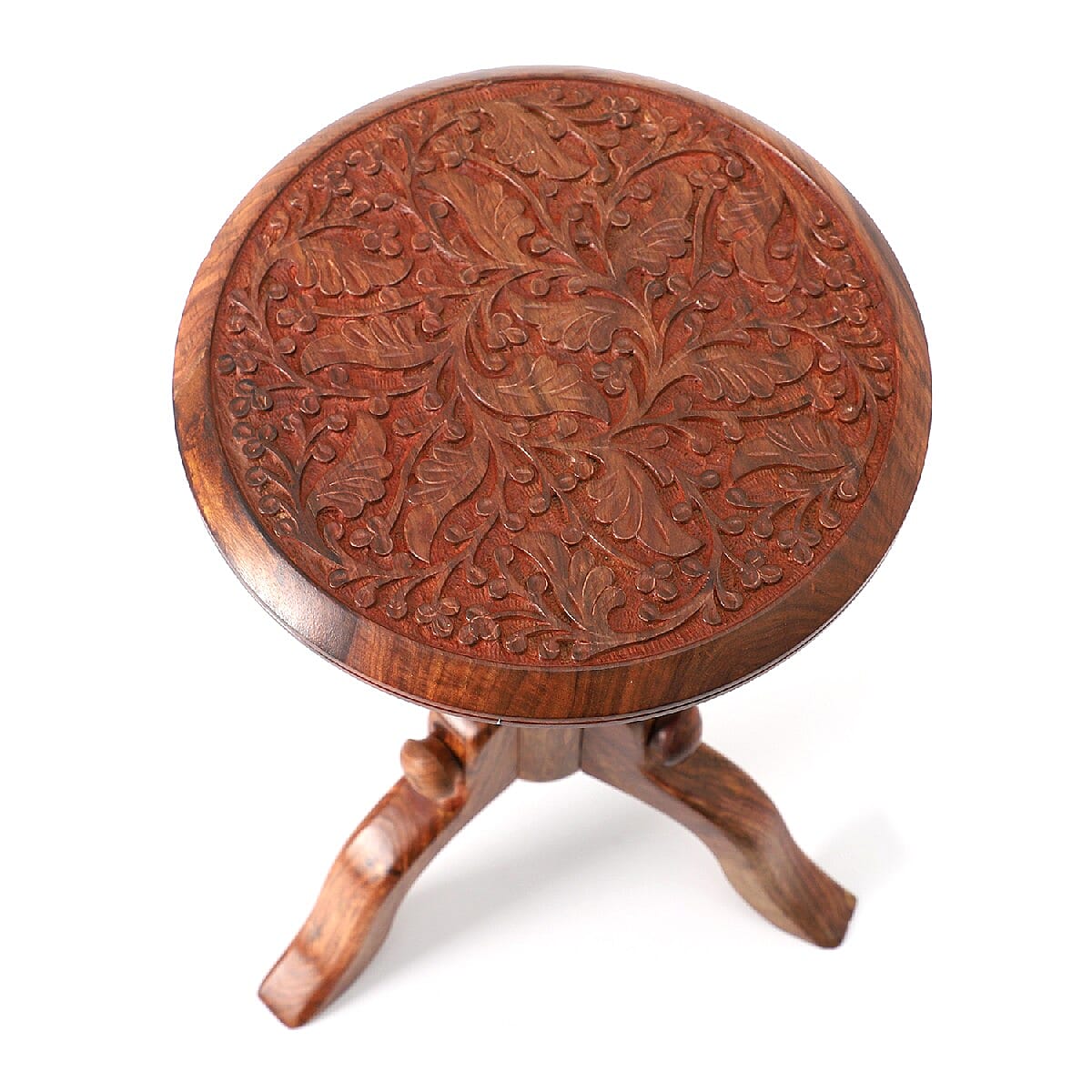 Nakkashi Set of 2 Dark Red & Brown Wooden Handcarved Bedside Pillar Table, Wooden Table, Side Table, Coffee Table, Bedside Table, Living Room Table