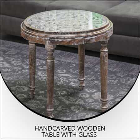 NAKKASHI Wooden Handcarved Scroll Pattern Table with Glass image number 1