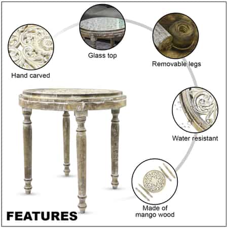 NAKKASHI Wooden Handcarved Scroll Pattern Table with Glass image number 2