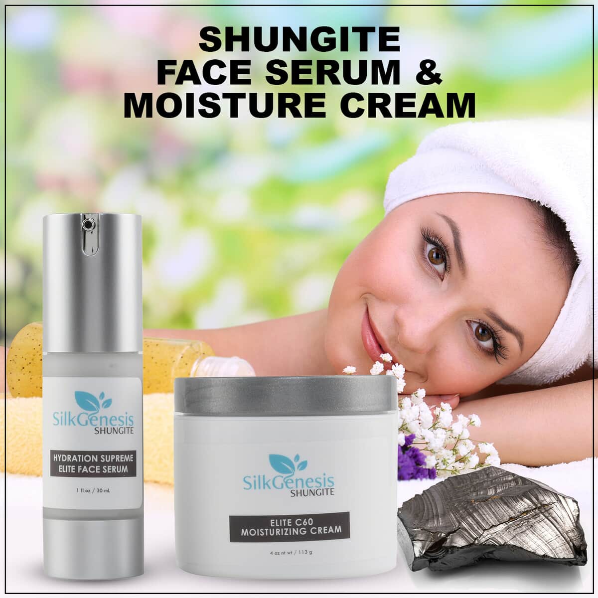 SILK GENESIS Shungite Face Serum 1oz & Moisturizing Cream 4oz Skincare Duo , Anti Aging Serum , Face Serum , Face Moisturizer , Moisturizer Cream , Skin Care Products image number 1