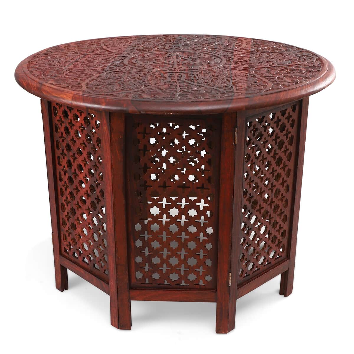 NAKKASHI Handcarved Wooden Table with Round Top Floral & Jali Stand (27"x27"x20") image number 0
