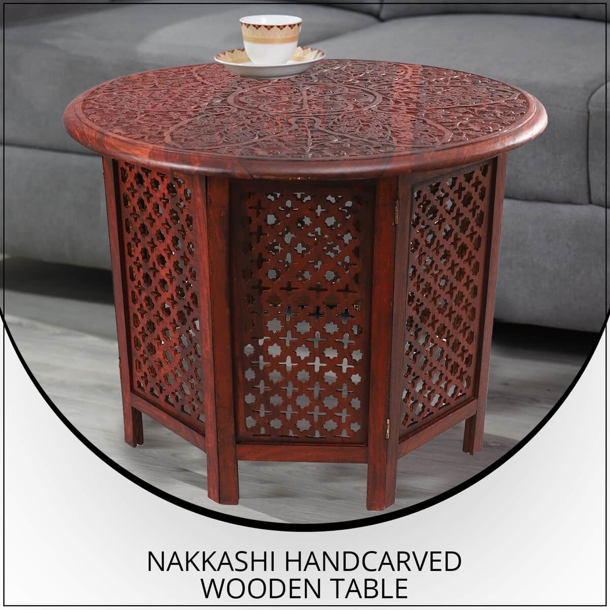 NAKKASHI Handcarved Wooden Table with Round Top Floral & Jali Stand (27"x27"x20") image number 1