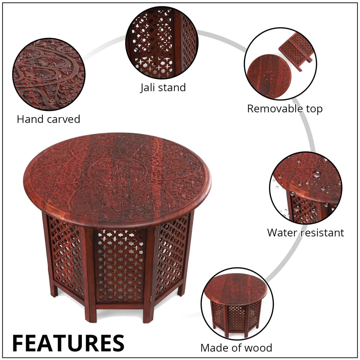 NAKKASHI Handcarved Wooden Table with Round Top Floral & Jali Stand (27"x27"x20") image number 2