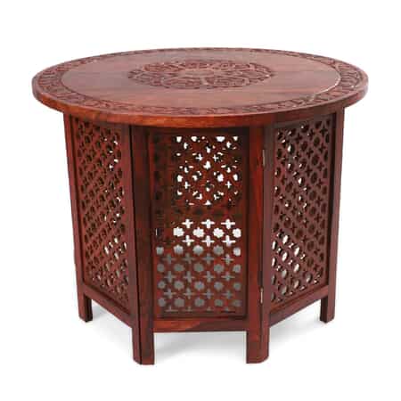 NAKKASHI Handcarved Wooden Table with Round Top Leaf & Jali Stand image number 0
