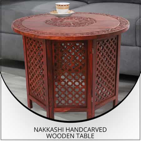 NAKKASHI Handcarved Wooden Table with Round Top Leaf & Jali Stand image number 1