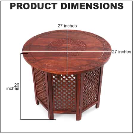 NAKKASHI Handcarved Wooden Table with Round Top Leaf & Jali Stand image number 3