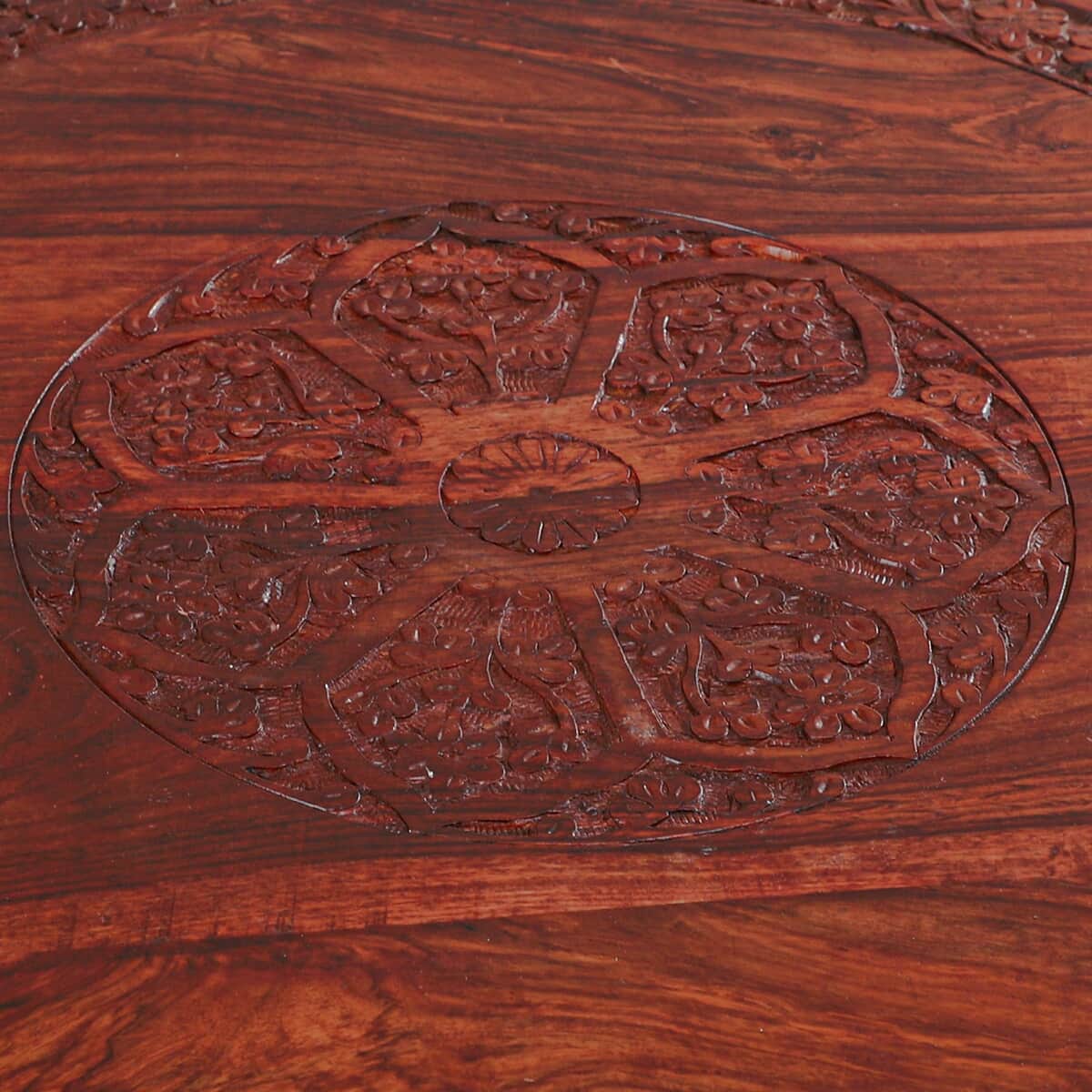 NAKKASHI Handcarved Wooden Table with Round Top Leaf & Jali Stand image number 4