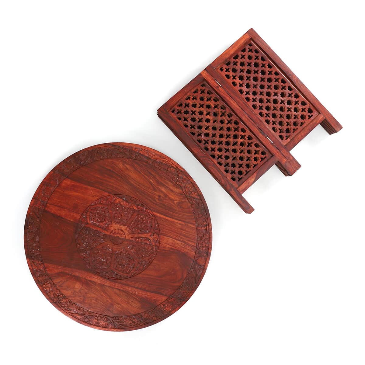 NAKKASHI Handcarved Wooden Table with Round Top Leaf & Jali Stand image number 6