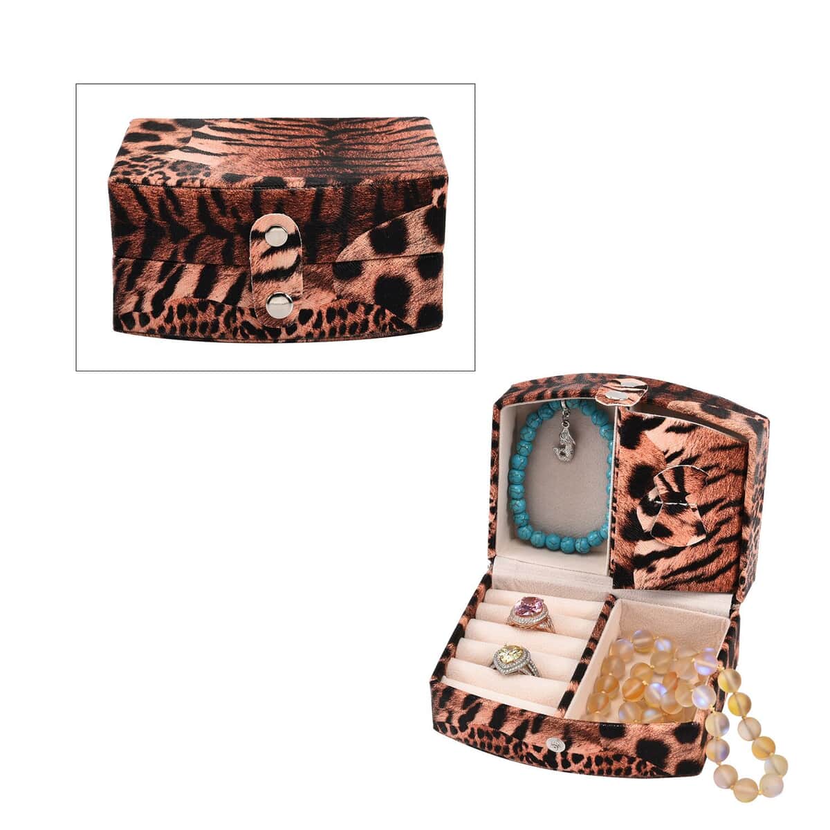Brown Leopard Pattern Faux Leather Small Travel Jewelry Box with Button Clasp (4.6"x3.5"x2.4") image number 0