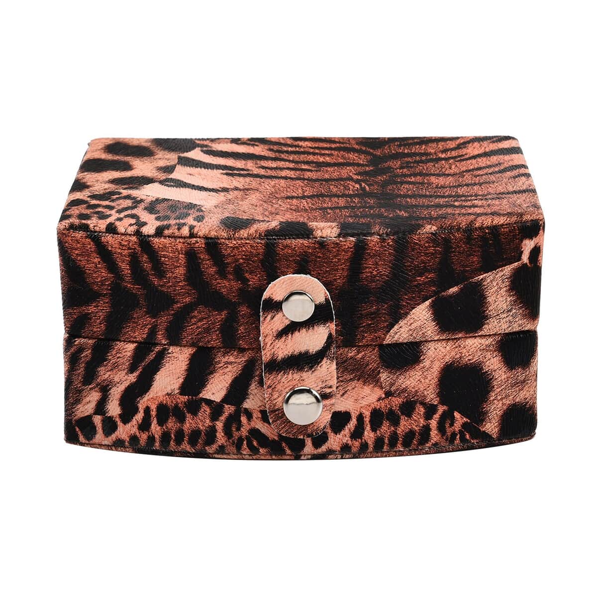 Brown Leopard Pattern Faux Leather Small Travel Jewelry Box with Button Clasp (4.6"x3.5"x2.4") image number 1