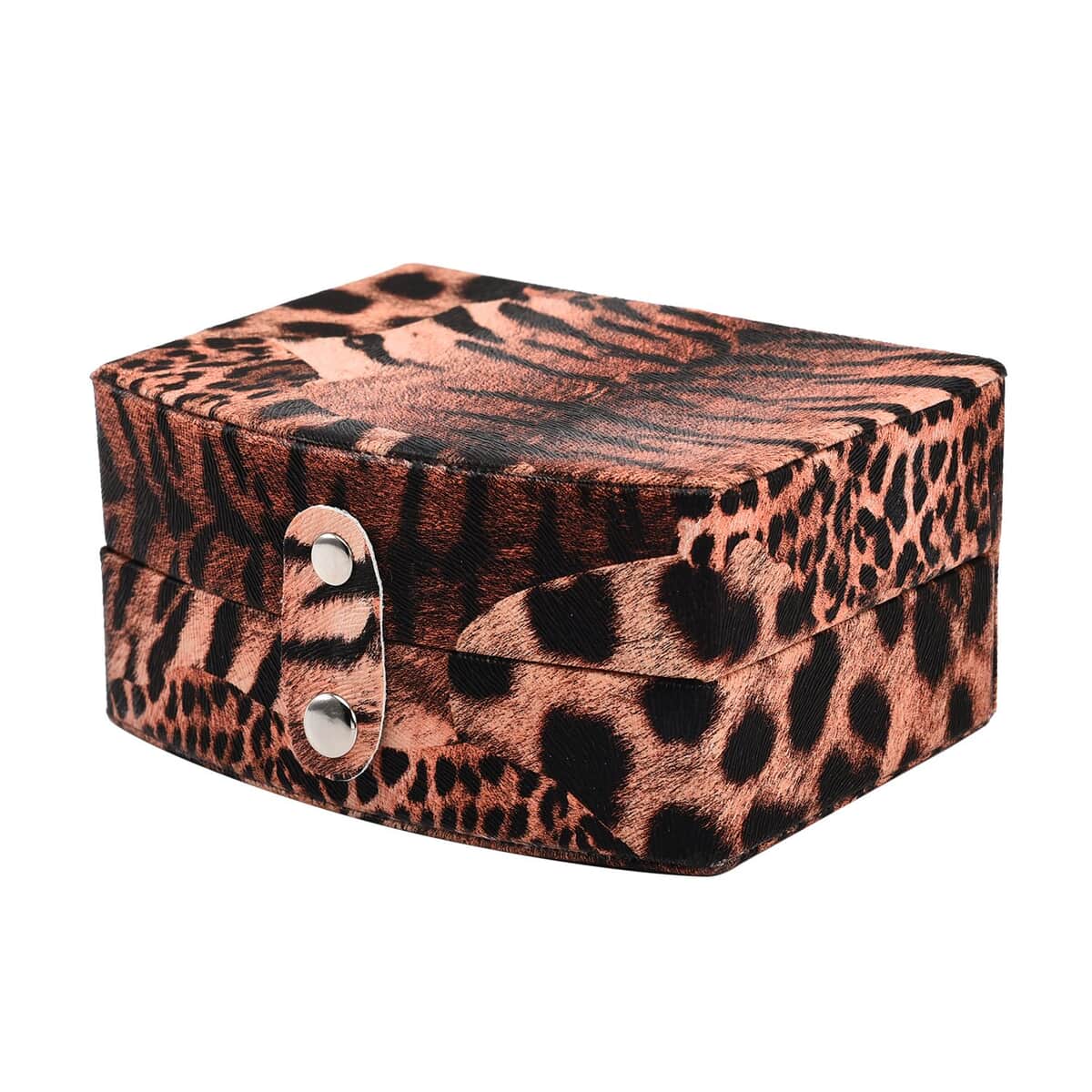 Brown Leopard Pattern Faux Leather Small Travel Jewelry Box with Button Clasp (4.6"x3.5"x2.4") image number 2