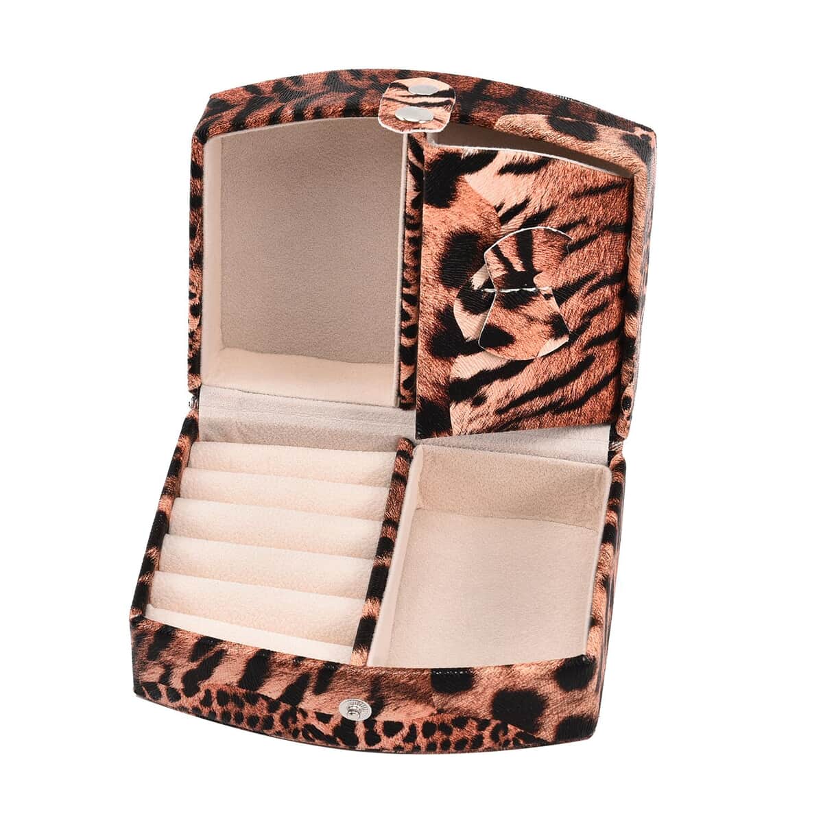 Brown Leopard Pattern Faux Leather Small Travel Jewelry Box with Button Clasp (4.6"x3.5"x2.4") image number 4