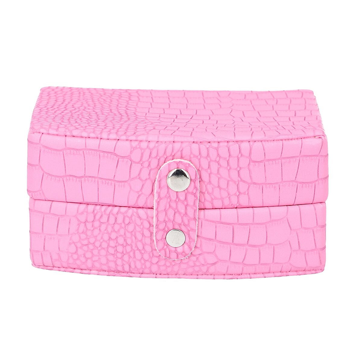 Pink Crocodile Skin Pattern Faux Leather Small Travel Jewelry Box with Button Clasp image number 1