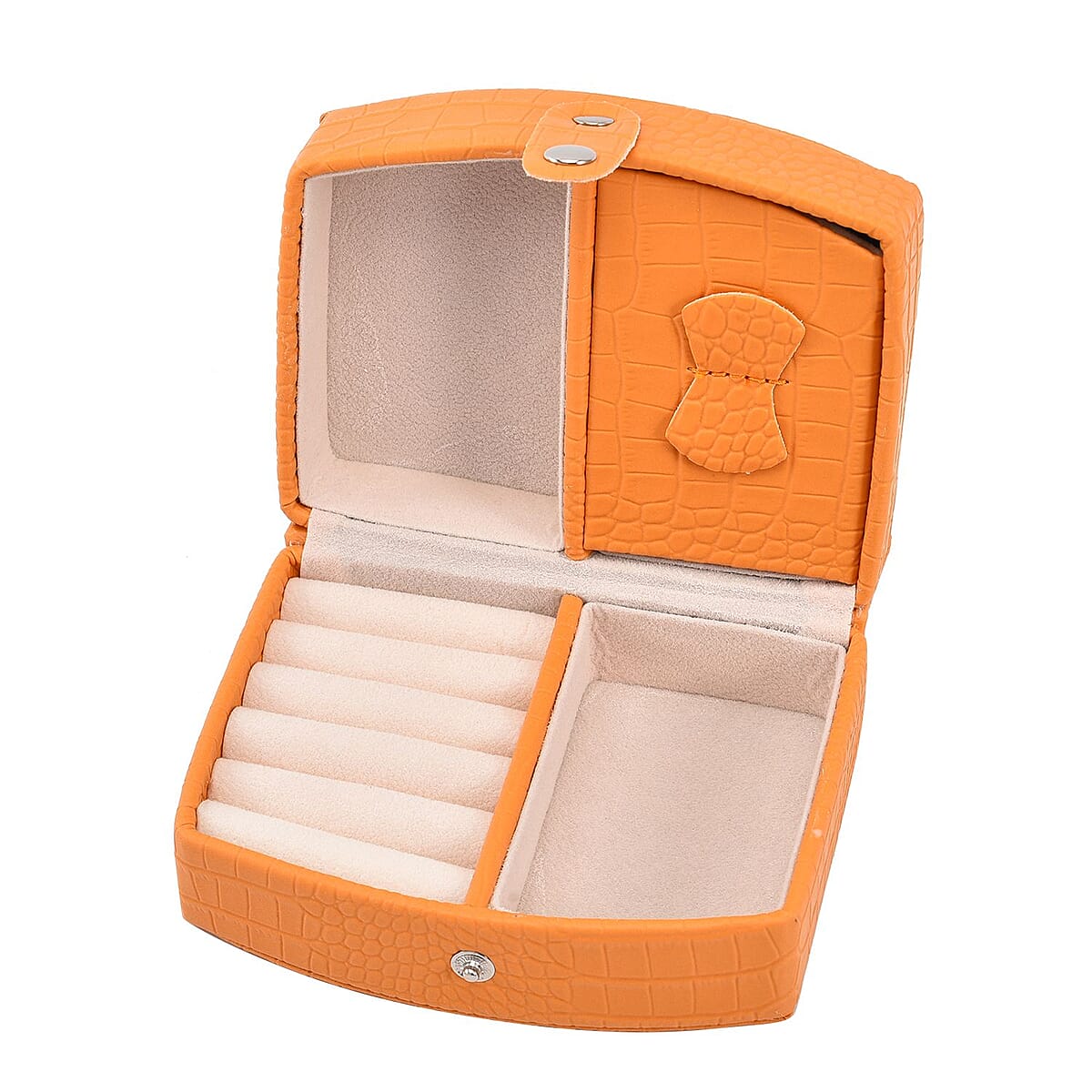 Yellow Crocodile Skin Pattern Faux Leather Small Travel Jewelry Box with Button Clasp image number 3