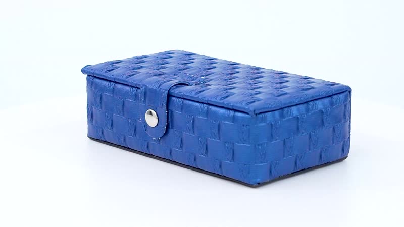 Blue Woven Pattern Faux Leather Small Travel Jewelry Box with Glass Mirror and Button Clasp (5.5"x3.15"x1.65")