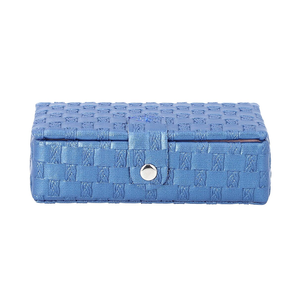 Blue Woven Pattern Faux Leather Small Travel Jewelry Box with Glass Mirror and Button Clasp image number 1