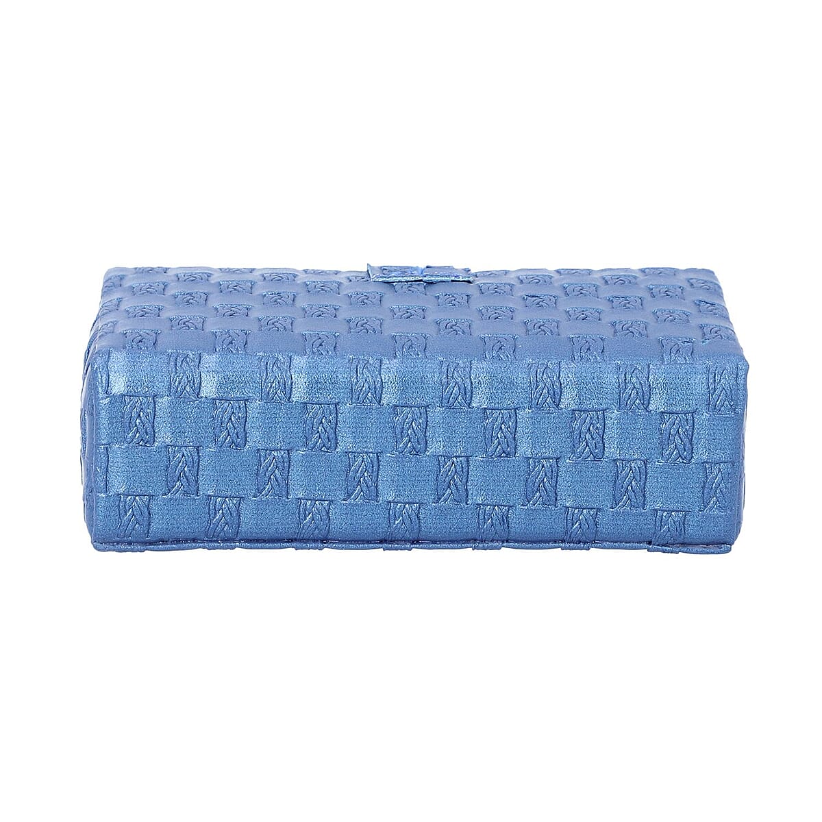 Blue Woven Pattern Faux Leather Small Travel Jewelry Box with Glass Mirror and Button Clasp image number 3