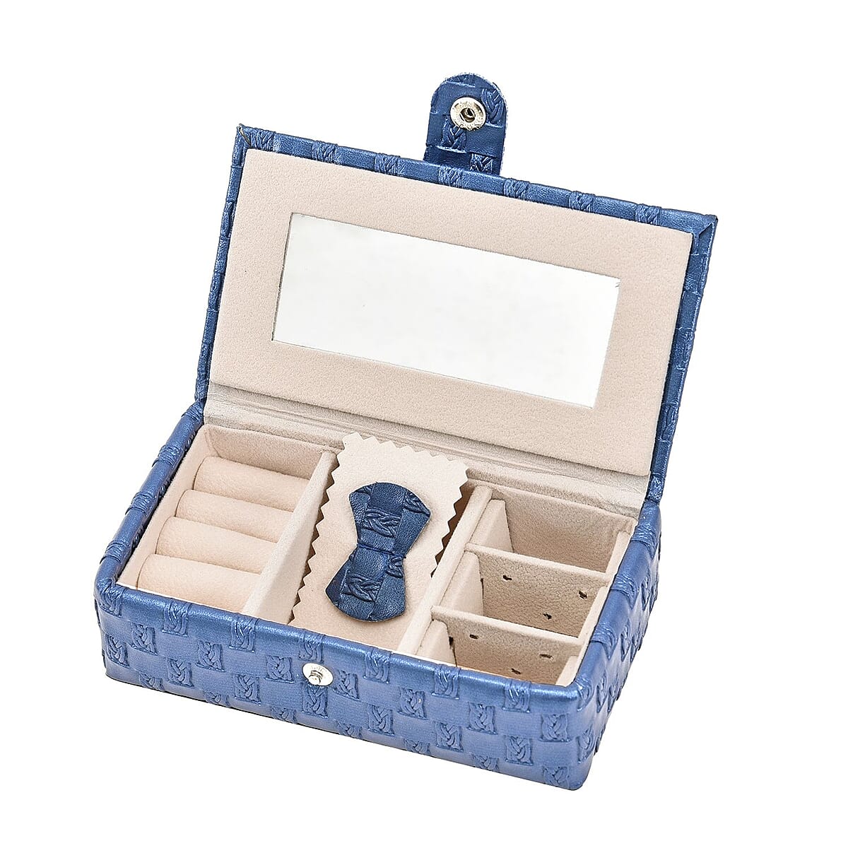 Blue Woven Pattern Faux Leather Small Travel Jewelry Box with Glass Mirror and Button Clasp image number 4