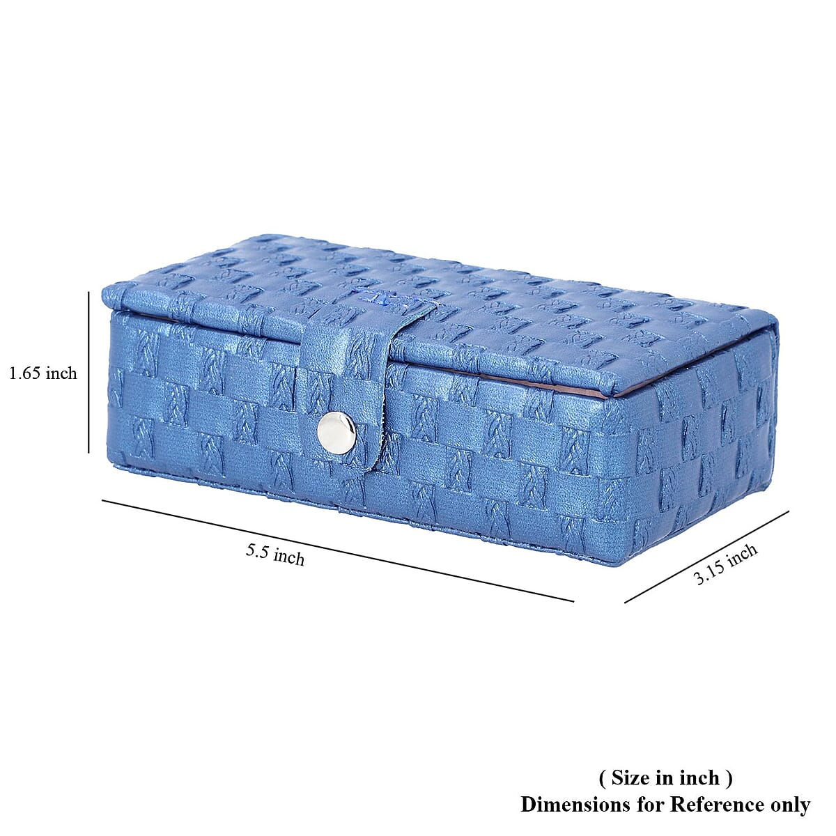 Blue Woven Pattern Faux Leather Small Travel Jewelry Box with Glass Mirror and Button Clasp image number 5