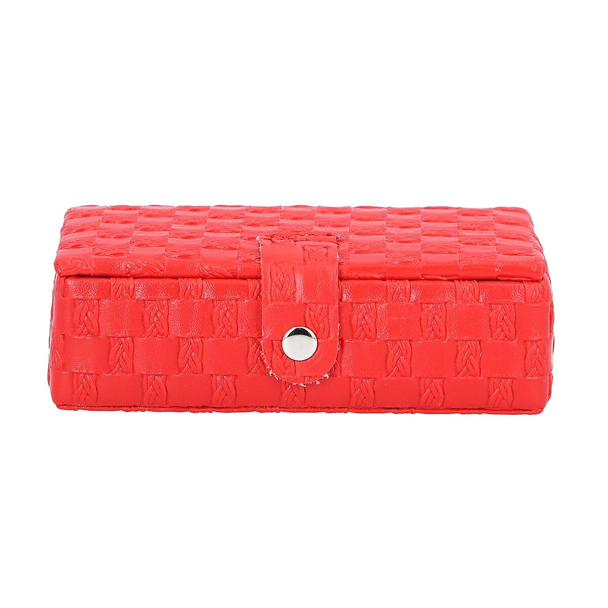 Red Woven Pattern Faux Leather Small Travel Jewelry Box with Glass Mirror and Button Clasp image number 1