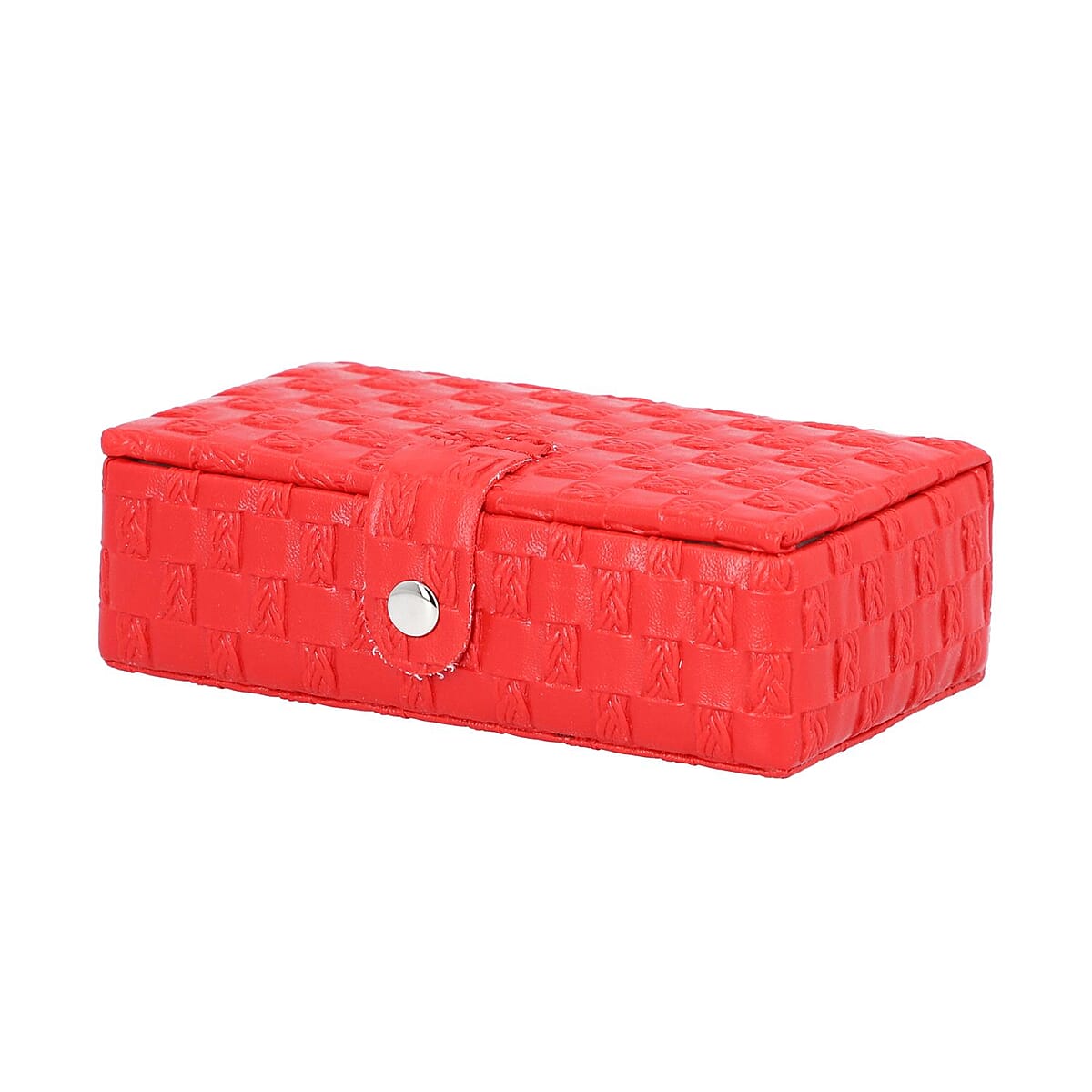 Red Woven Pattern Faux Leather Small Travel Jewelry Box with Glass Mirror and Button Clasp image number 2