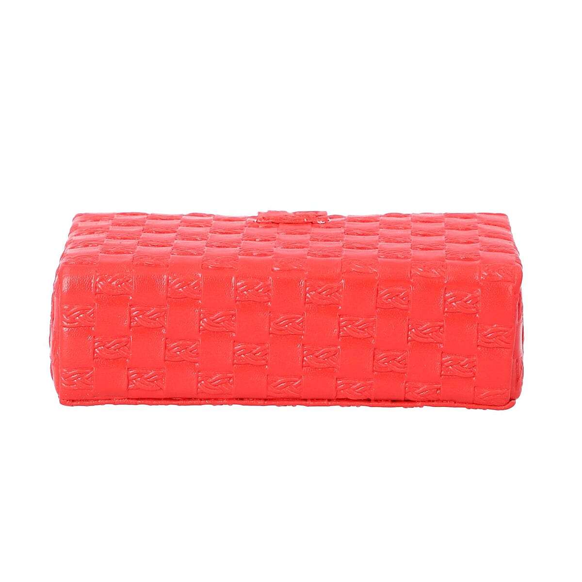 Red Woven Pattern Faux Leather Small Travel Jewelry Box with Glass Mirror and Button Clasp image number 3