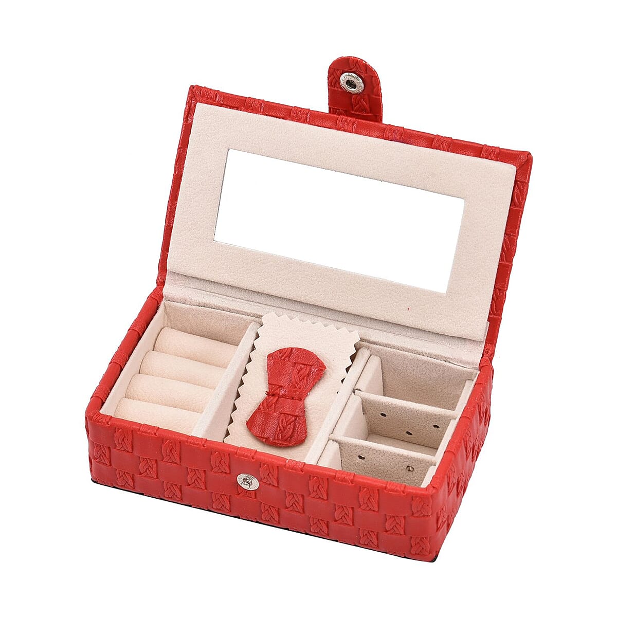 Red Woven Pattern Faux Leather Small Travel Jewelry Box with Glass Mirror and Button Clasp image number 4