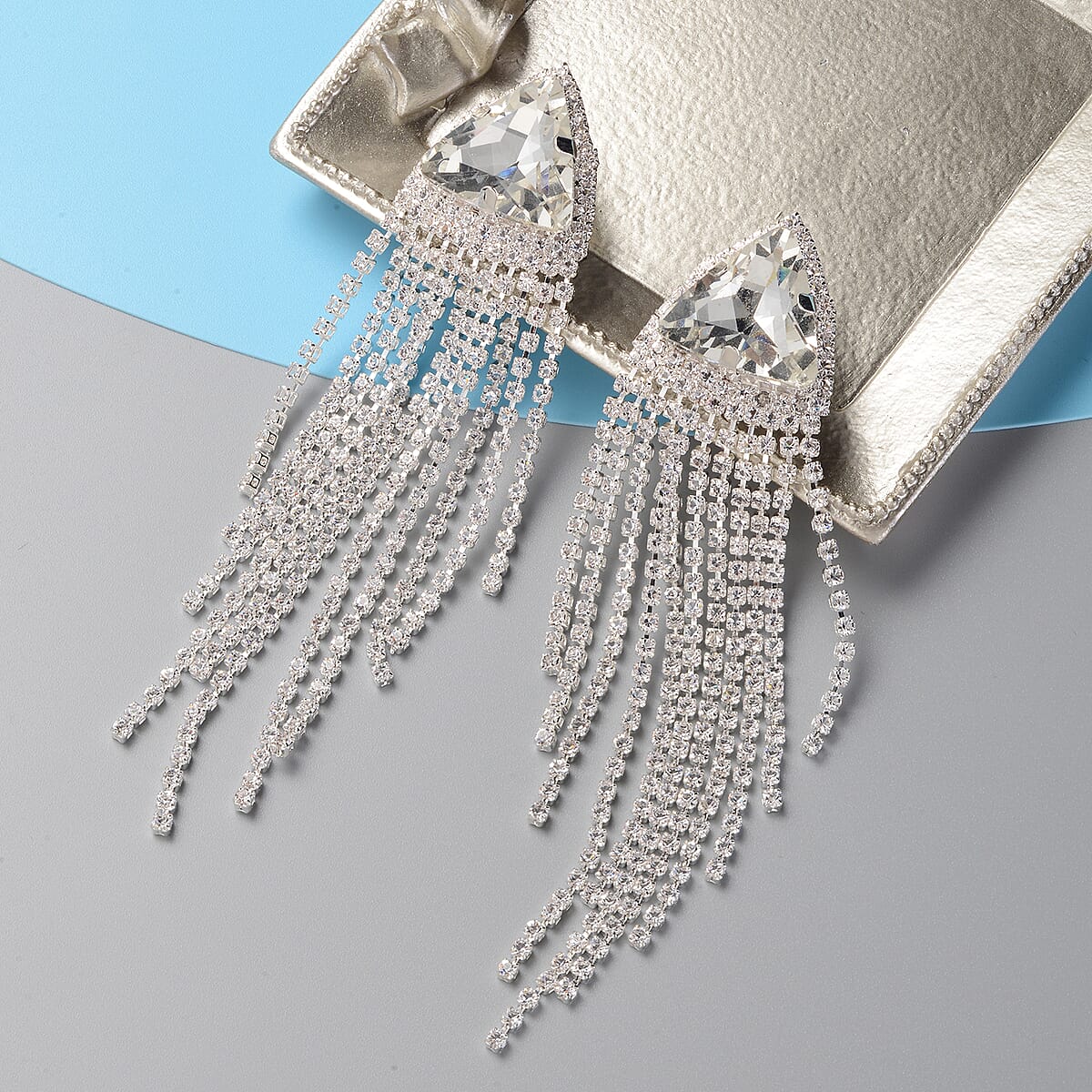 White Crystal and White Glass Dangle Chain Tassel Earrings in Goldtone image number 1