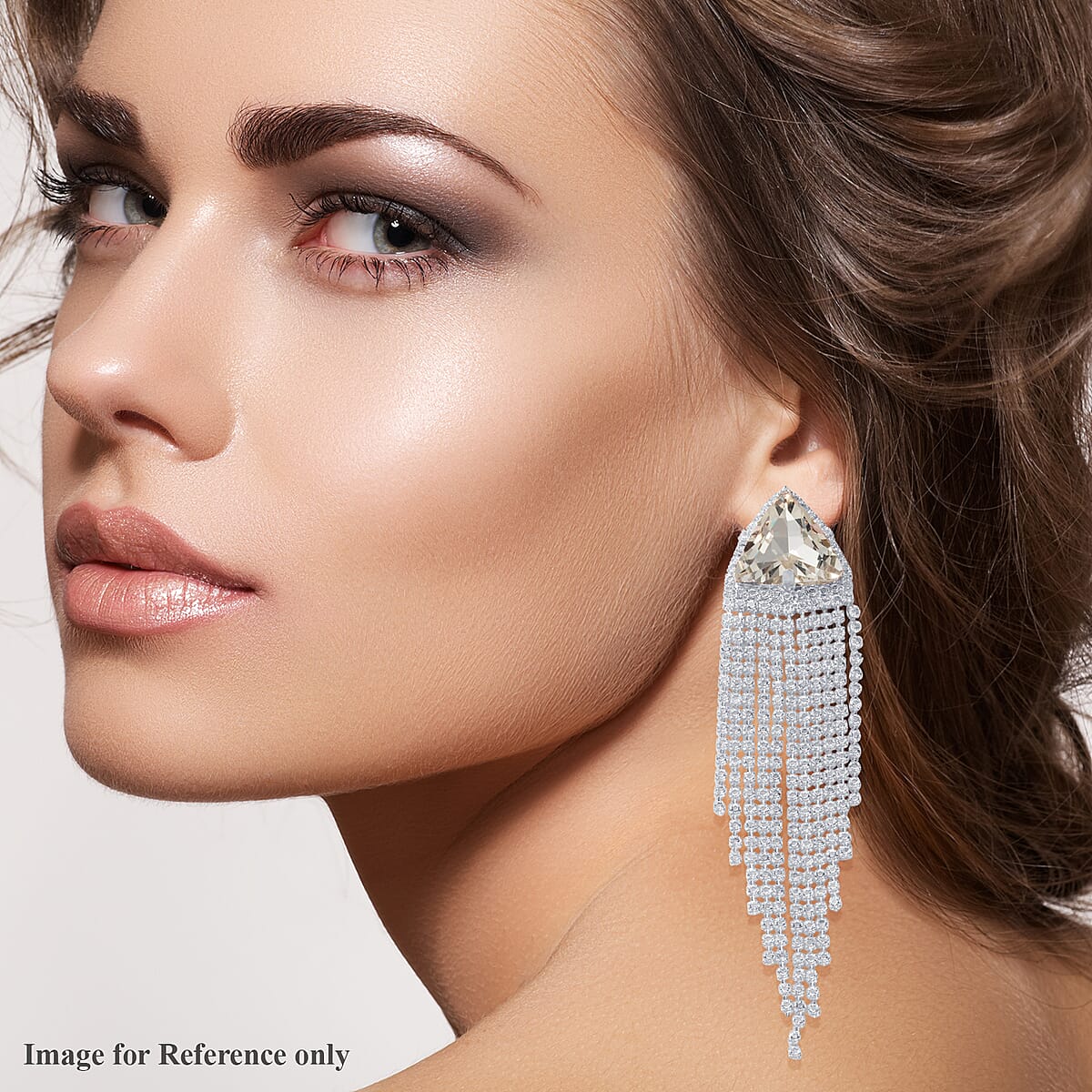 White Crystal and White Glass Dangle Chain Tassel Earrings in Goldtone image number 2