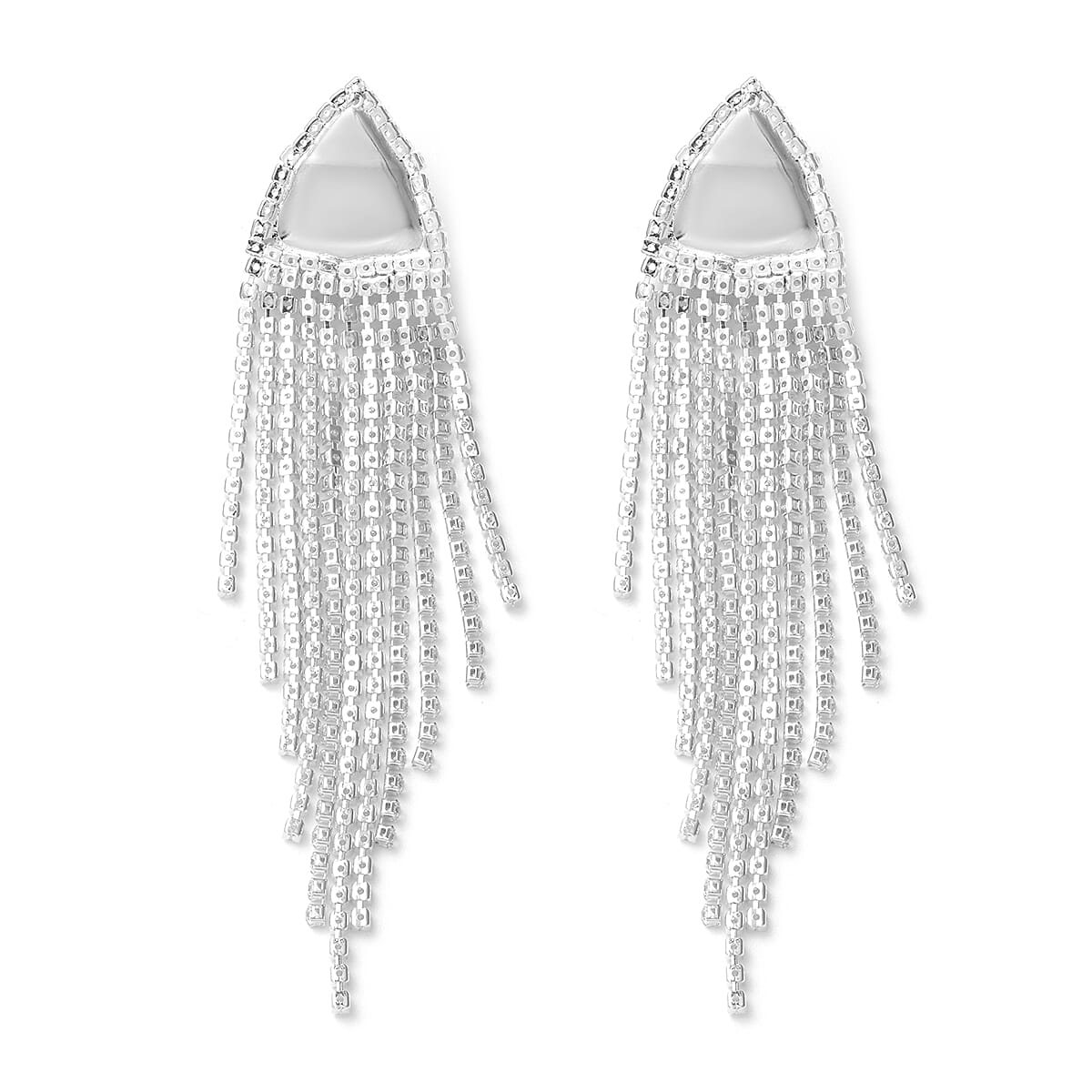 White Crystal and White Glass Dangle Chain Tassel Earrings in Goldtone image number 3