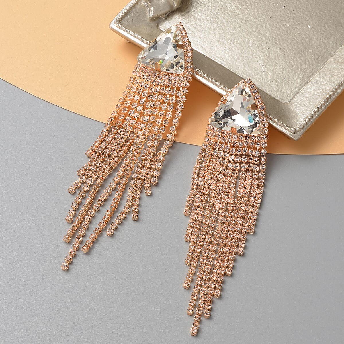White Austrian Crystal and White Glass Dangle Chain Tassel Earrings in Goldtone image number 1