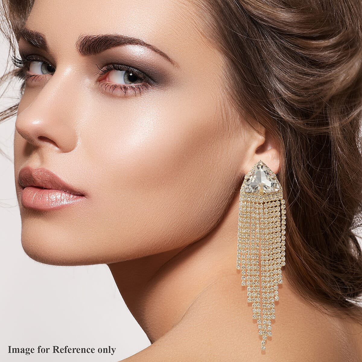 White Austrian Crystal and White Glass Dangle Chain Tassel Earrings in Goldtone image number 2