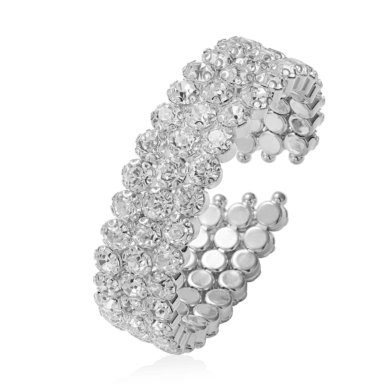 White Austrian Crystal Triple-Row Cuff Bracelet in Silvertone (6.50 In)