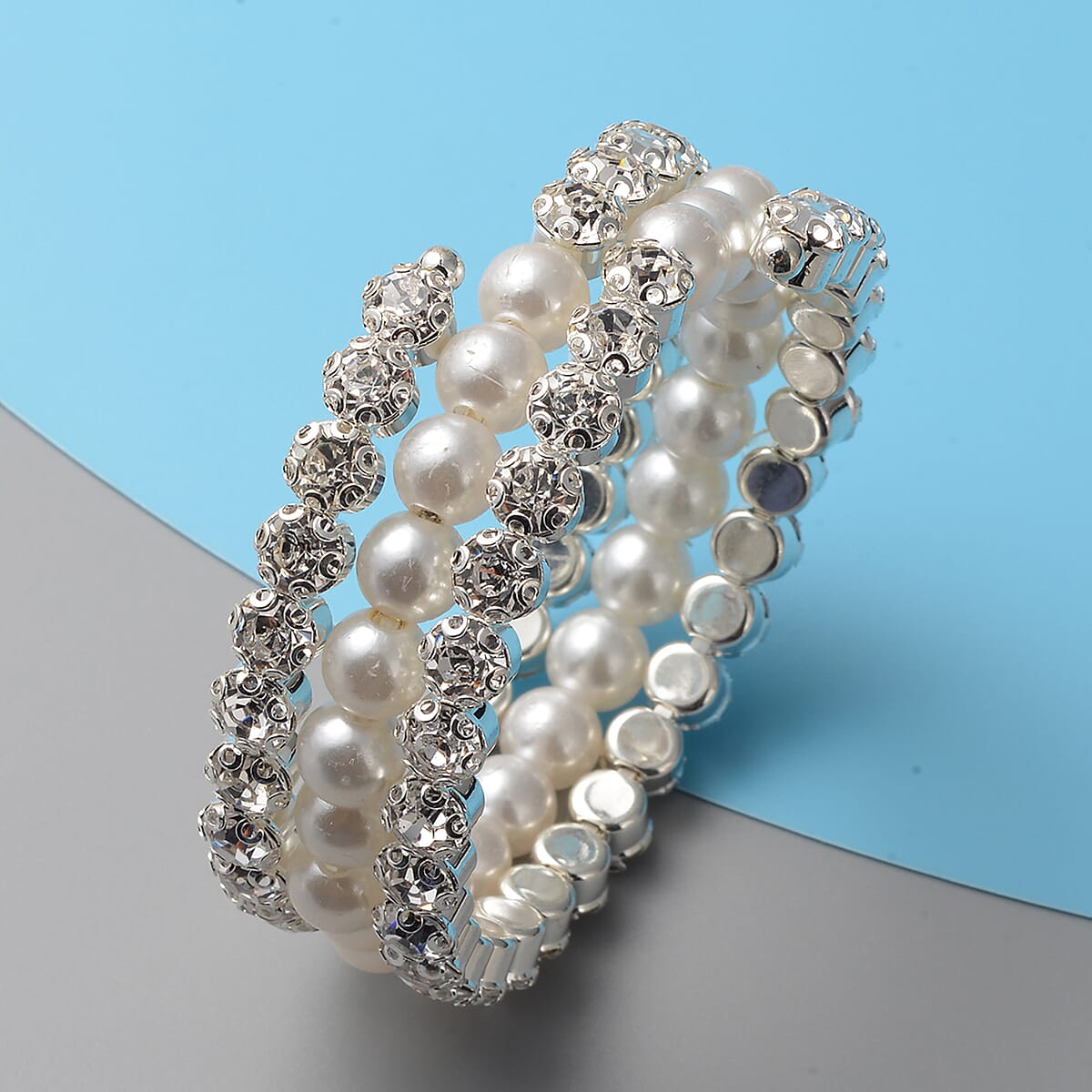 White Crystal, Simulated Pearl Bangle Bracelet in Silvertone (6.00 In) image number 1