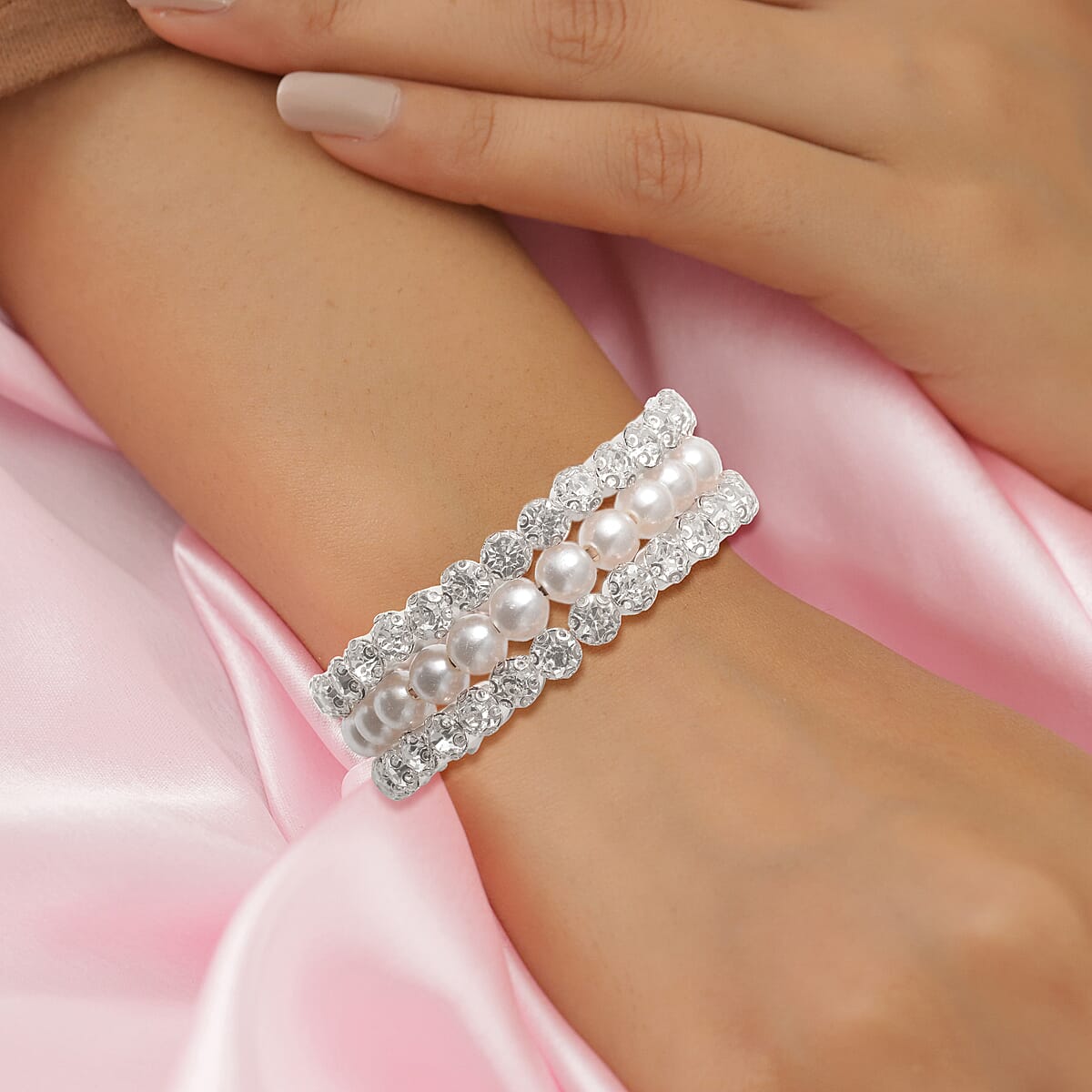 White Crystal, Simulated Pearl Bangle Bracelet in Silvertone (6.00 In) image number 2