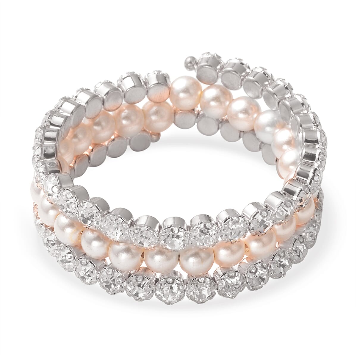 White Crystal, Simulated Pearl Bangle Bracelet in Silvertone (6.00 In) image number 3
