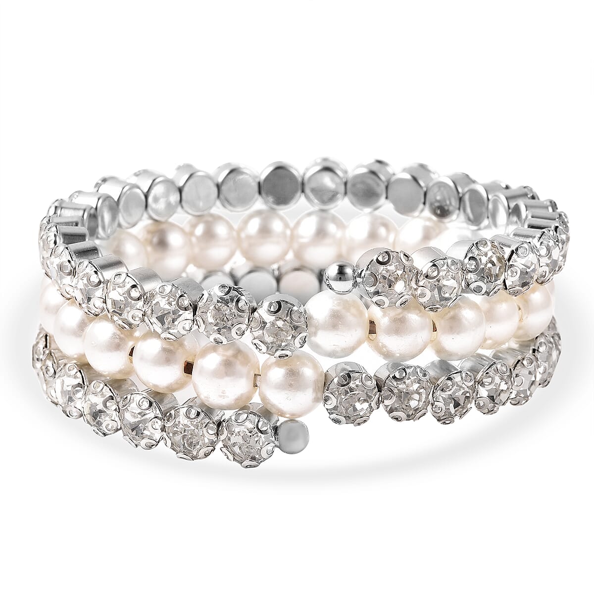 White Crystal, Simulated Pearl Bangle Bracelet in Silvertone (6.00 In) image number 4